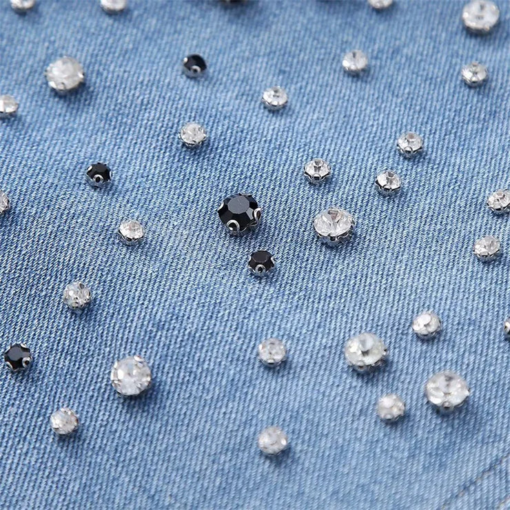 Crystal-Dew Embellished Cropped Denim Shirt