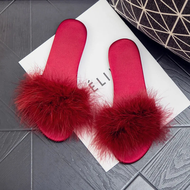 Ladies Flat Slippers with Fur