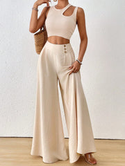 Ladies Summer Fashion Side Button Solid Color Wide Leg Pants