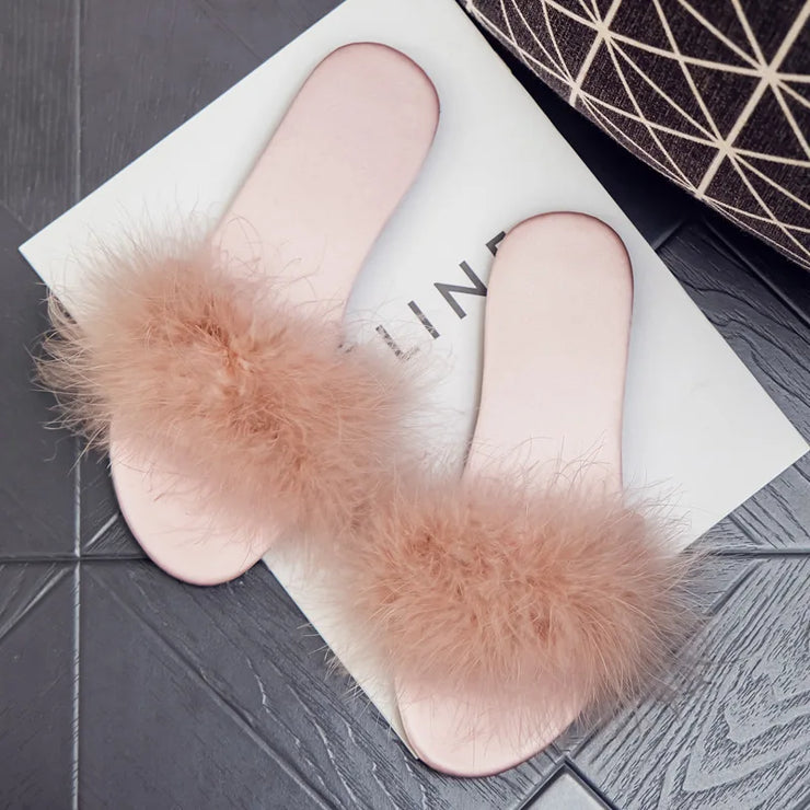 Ladies Flat Slippers with Fur