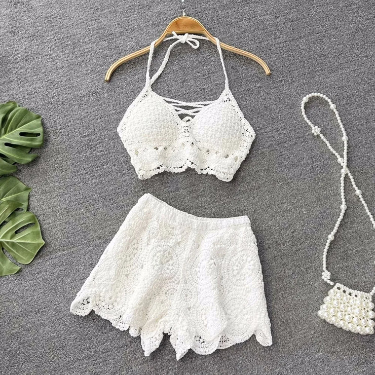 Two Piece Sets Women Summer Knit Camisole Elastic Waist Shorts