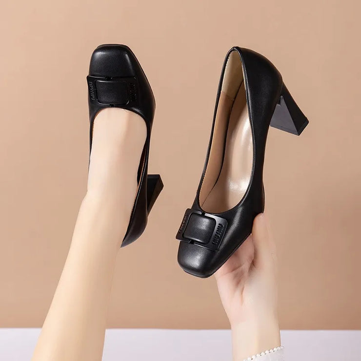 Regency Charm Square-Toe Buckle Heels