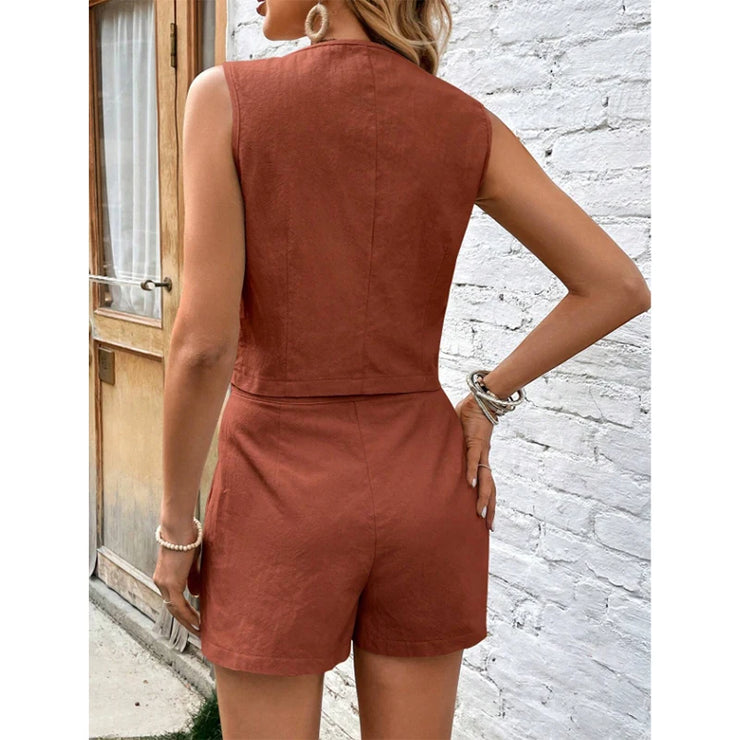 Linen Vest & Pleated Shorts Set