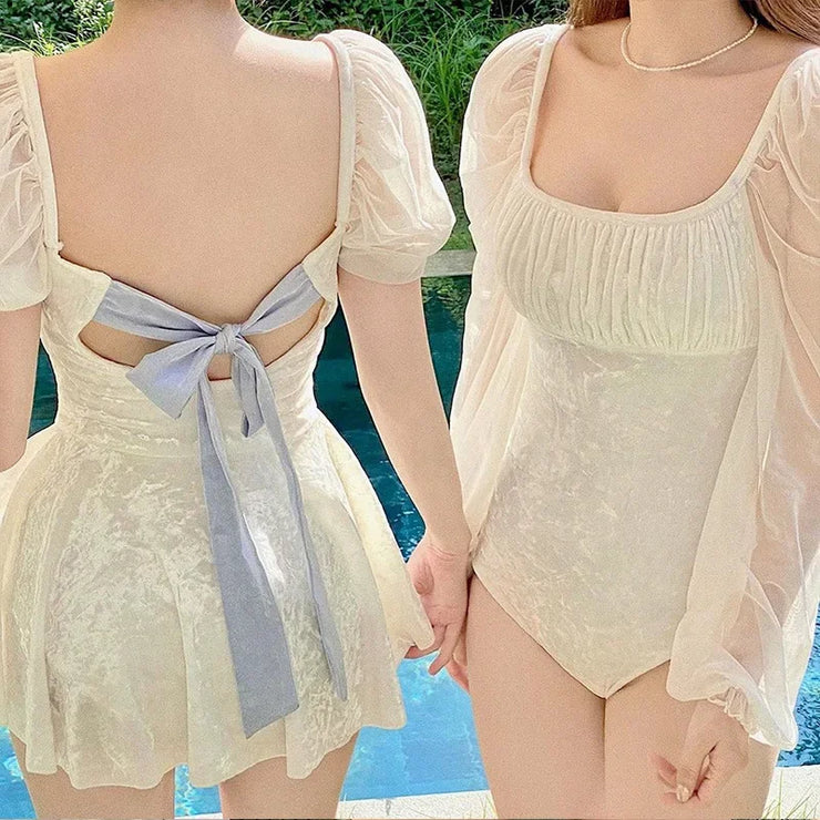White One-Piece Velvet Backless Swimwear for Women