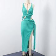 Bold Elegance – Turquoise Knit Backless Mermaid Dress