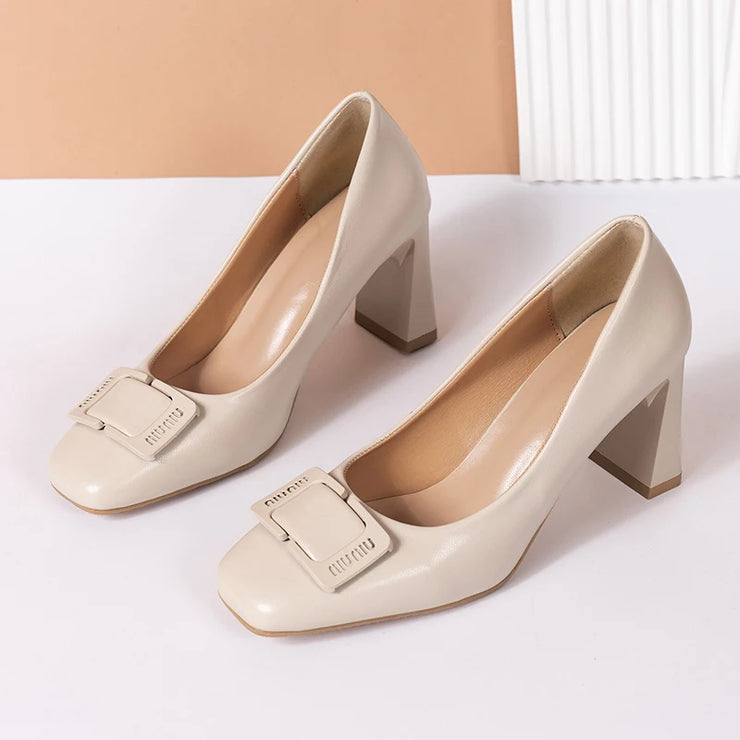 Regency Charm Square-Toe Buckle Heels