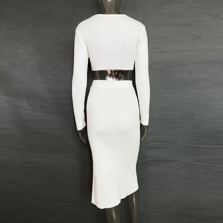 Knit Two-Piece stylish skirt & V Neck Outfit Set