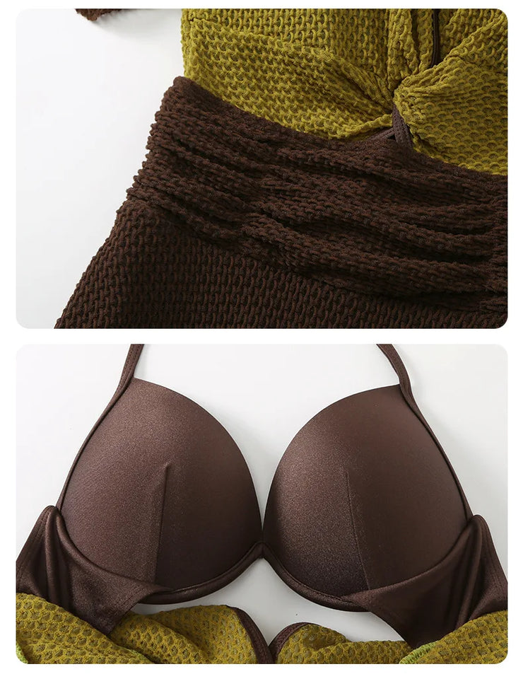 Olive Mocha Flutter-Knit Swimsuit Dress