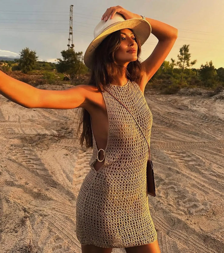 Neck Cut Out Circle Decoration Slim Beach Knit Mini Dress Women