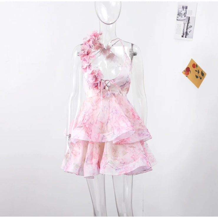 Petal Mirage Open-Back Ruffle Dress