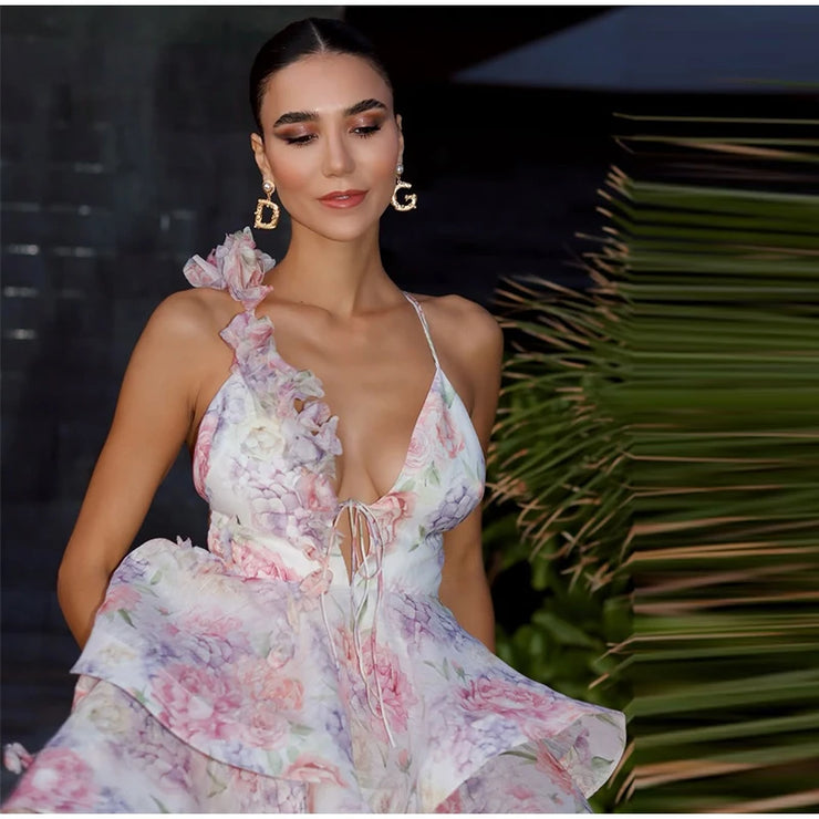 Petal Mirage Open-Back Ruffle Dress