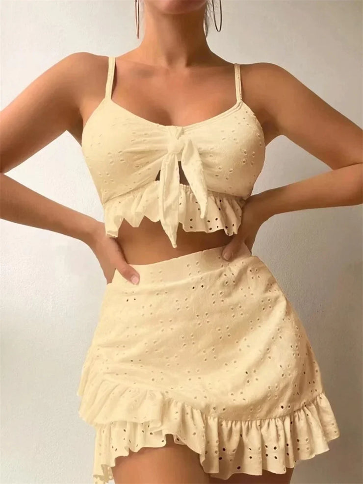 3 Piece Bikinis Set-Women Tie Up Ruffles Skirt High Waist Swimwear