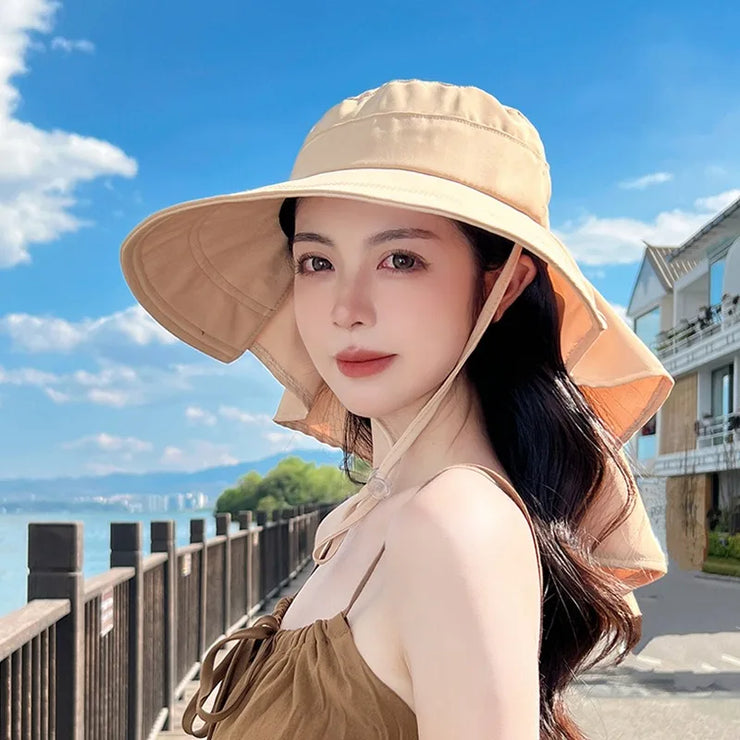 Outdoor Hat Anti UV Neck Protection with Bowknot Wide Brim
