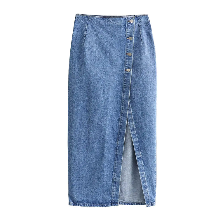 Women's 2 Pieces Sets Blue Denim Vest and Midi Skirt