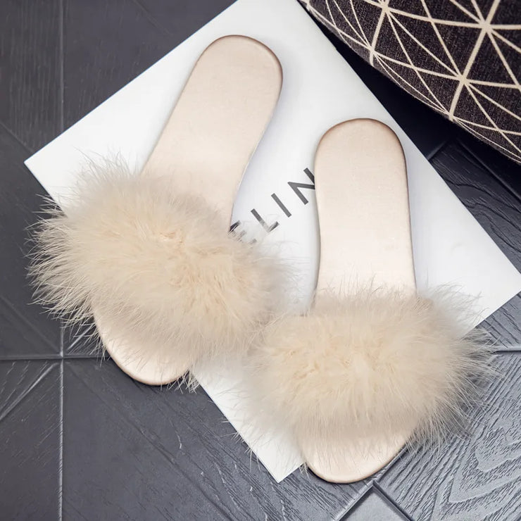 Ladies Flat Slippers with Fur