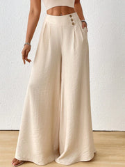 Ladies Summer Fashion Side Button Solid Color Wide Leg Pants