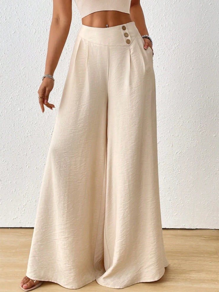 Ladies Summer Fashion Side Button Solid Color Wide Leg Pants