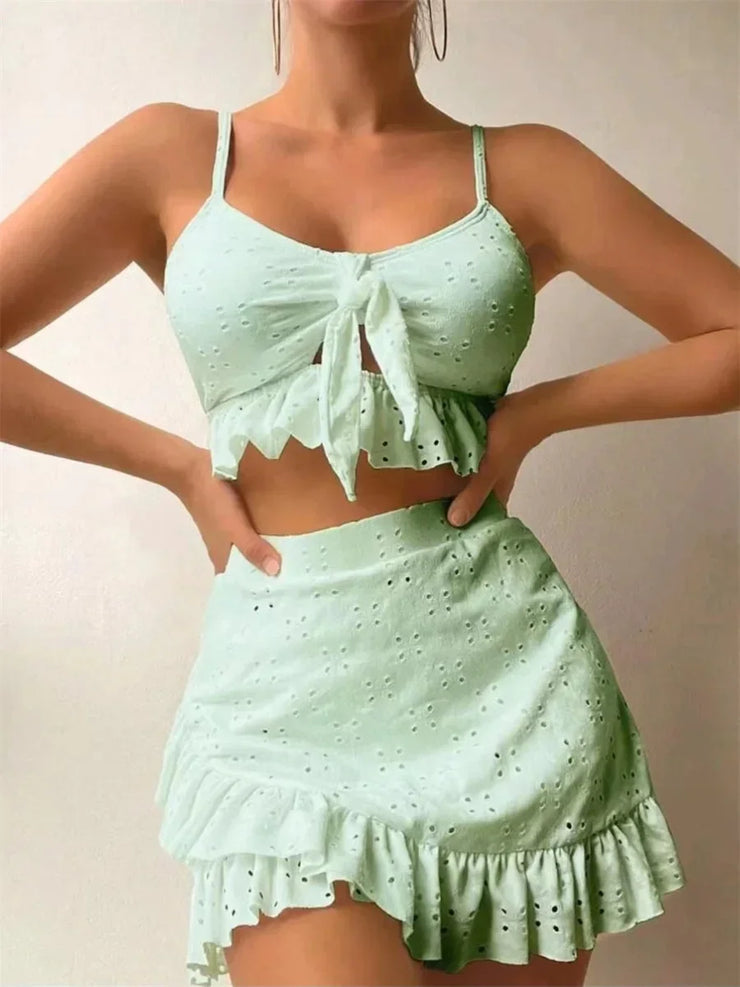 3 Piece Bikinis Set-Women Tie Up Ruffles Skirt High Waist Swimwear