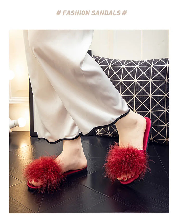 Ladies Flat Slippers with Fur