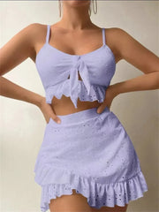 3 Piece Bikinis Set-Women Tie Up Ruffles Skirt High Waist Swimwear