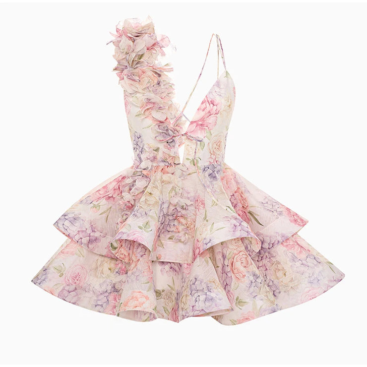 Petal Mirage Open-Back Ruffle Dress