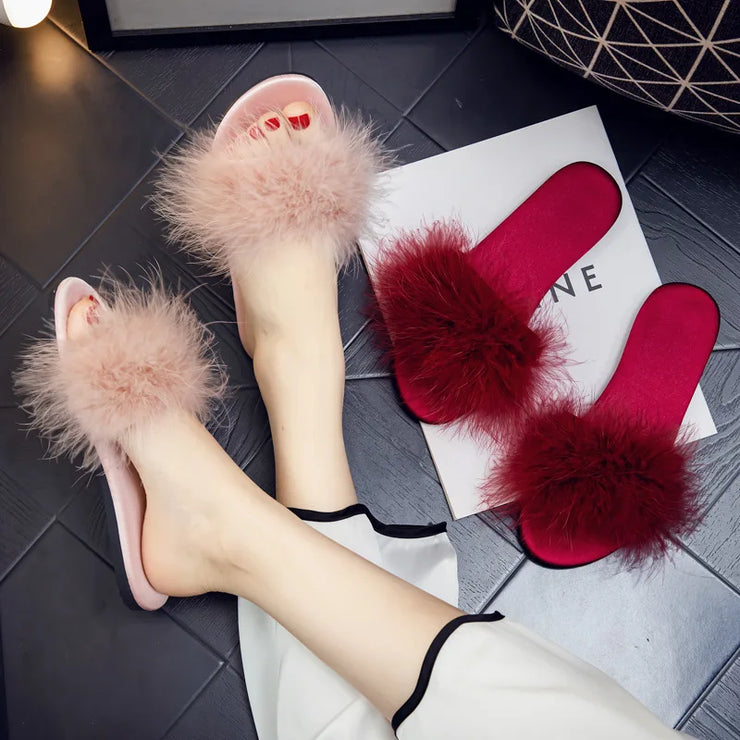 Ladies Flat Slippers with Fur