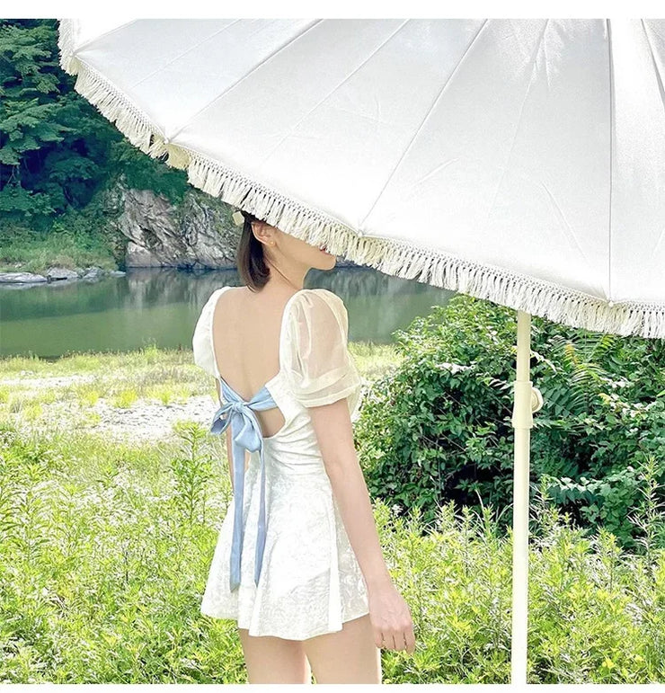 White One-Piece Velvet Backless Swimwear for Women