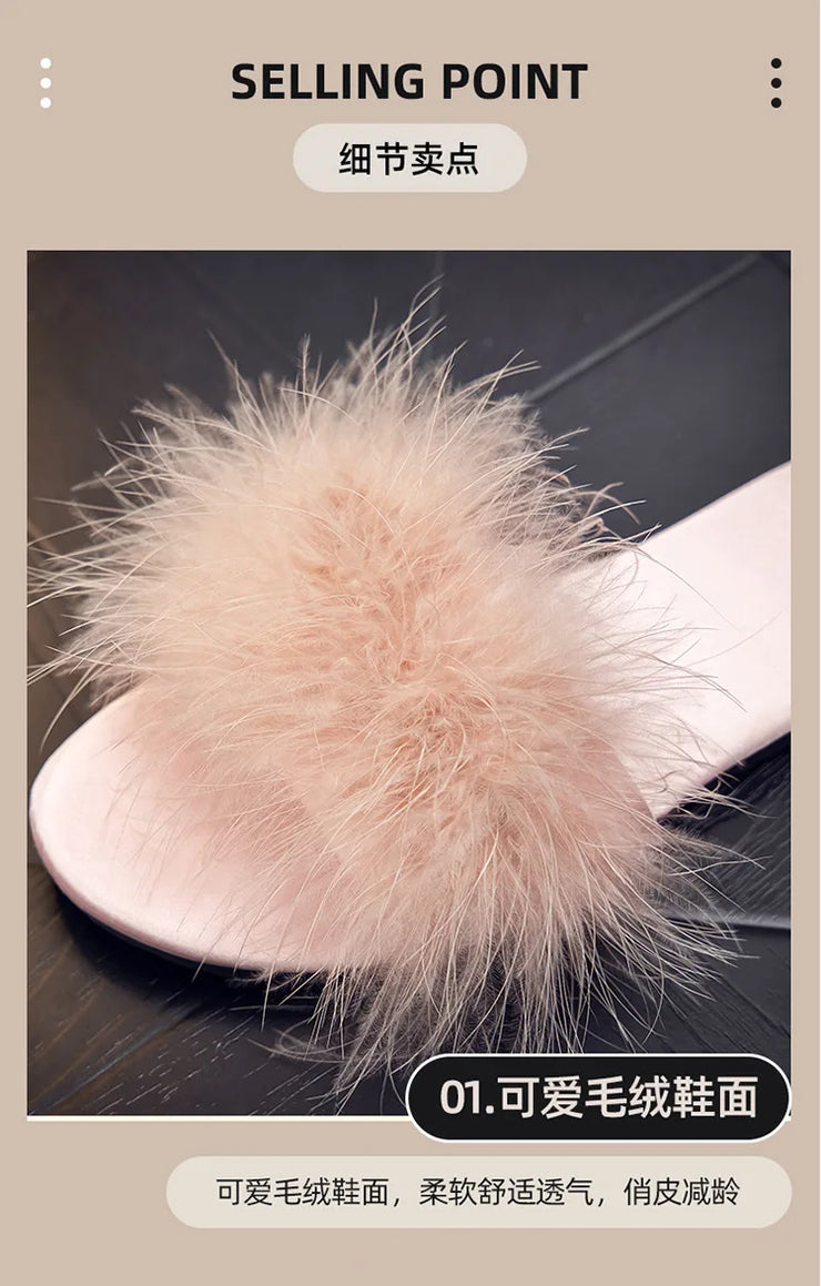Ladies Flat Slippers with Fur