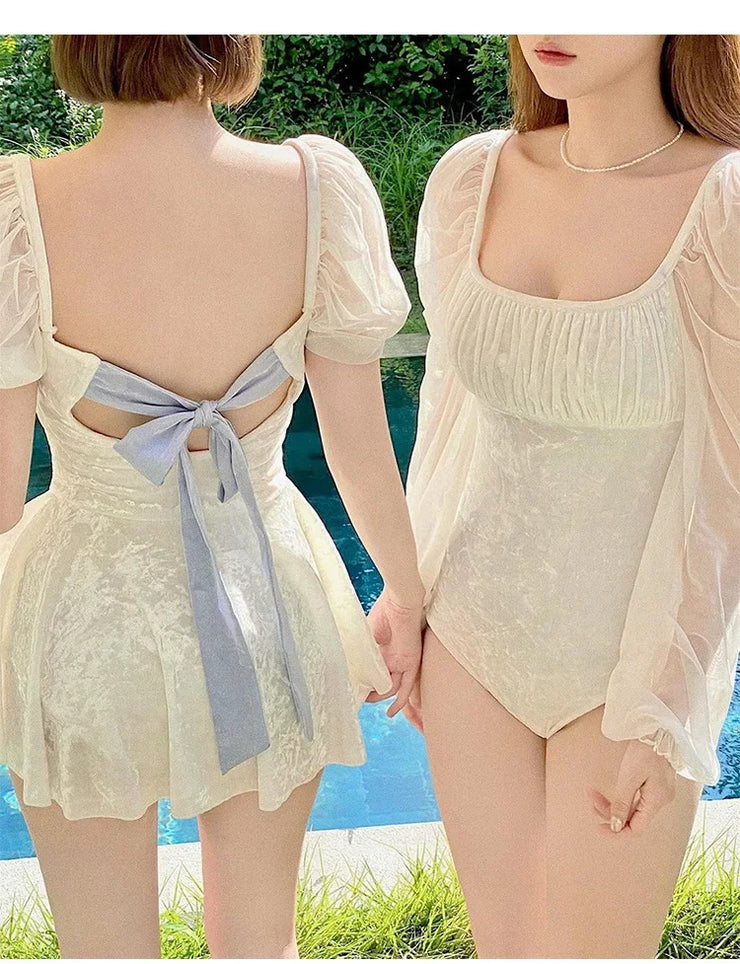 White One-Piece Velvet Backless Swimwear for Women