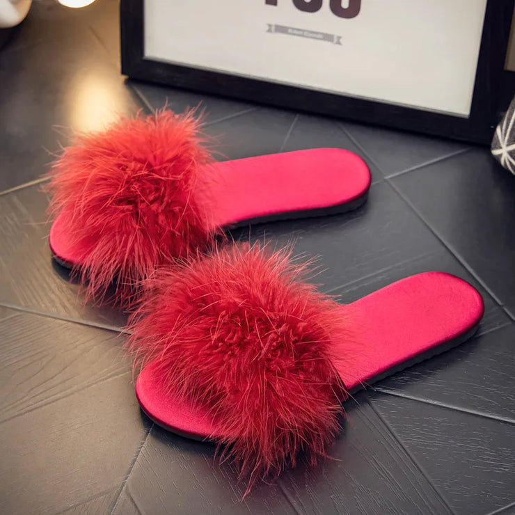 Ladies Flat Slippers with Fur