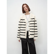Classic Simple Versatile Striped V-Neck Drop Shoulder Merino Sheepskin Coat