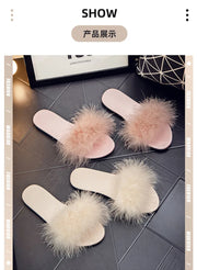 Ladies Flat Slippers with Fur