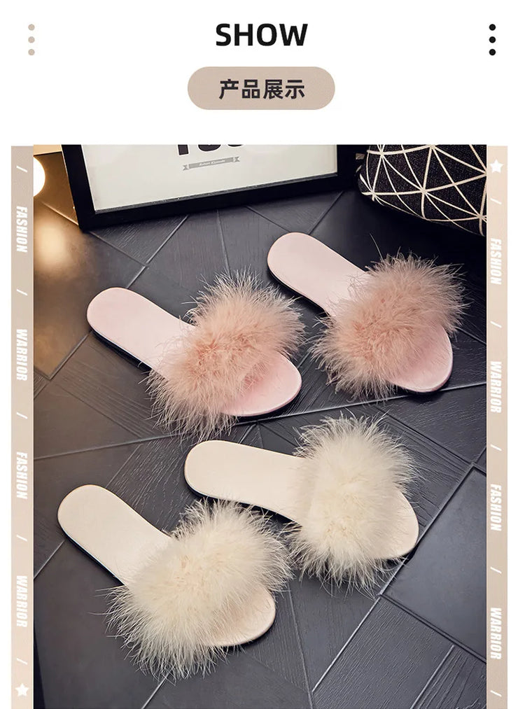 Ladies Flat Slippers with Fur