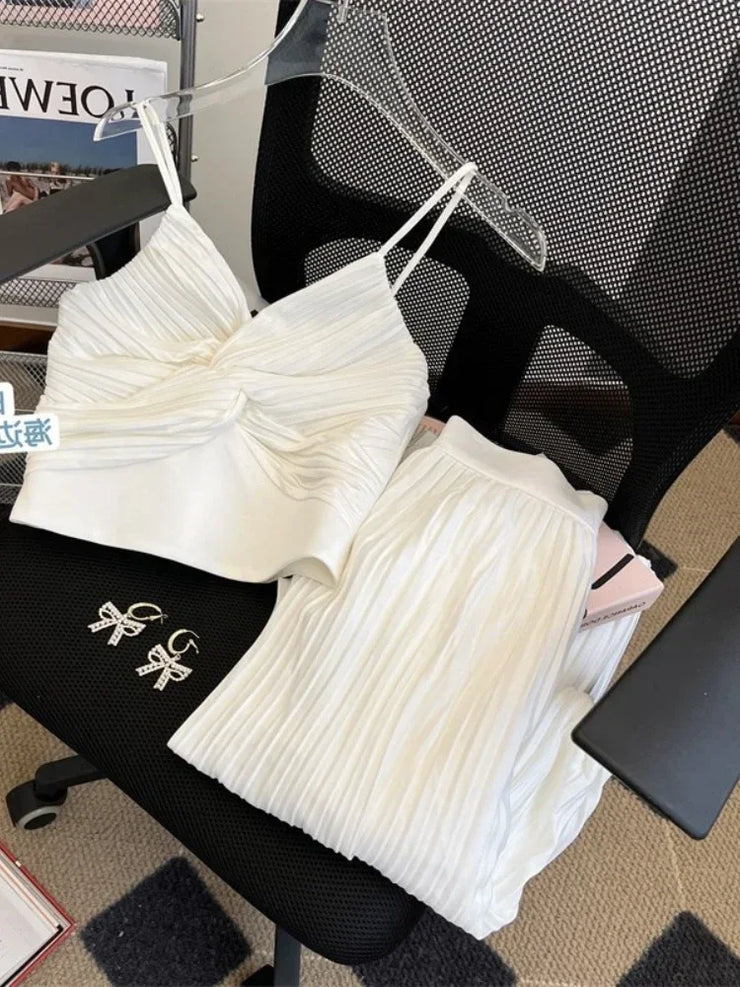Women's Wide Leg Pants & V Neck Vest Folds Trousers Set