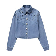 Crystal-Dew Embellished Cropped Denim Shirt