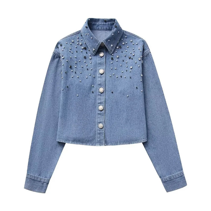 Crystal-Dew Embellished Cropped Denim Shirt