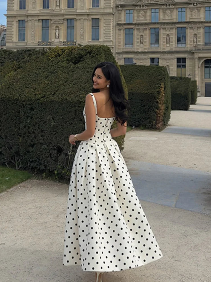 Timeless Elegance – Polka Dot Square Neck Sleeveless Maxi Dres