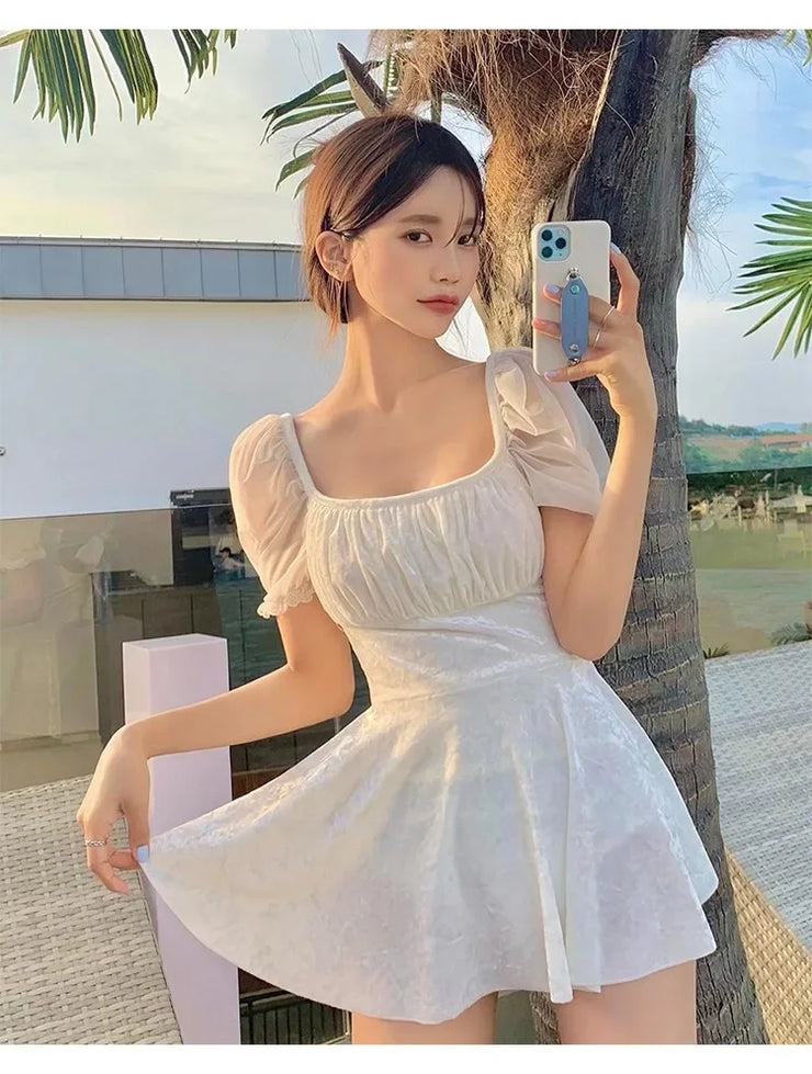 White One-Piece Velvet Backless Swimwear for Women