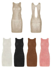 Neck Cut Out Circle Decoration Slim Beach Knit Mini Dress Women