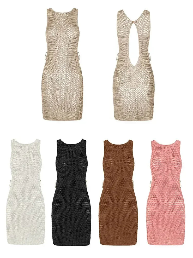 Neck Cut Out Circle Decoration Slim Beach Knit Mini Dress Women