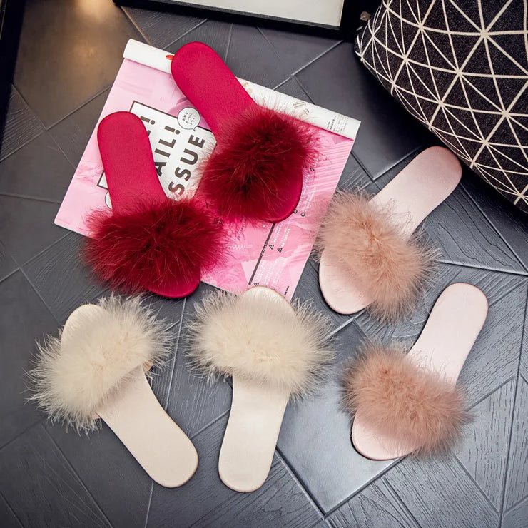 Ladies Flat Slippers with Fur