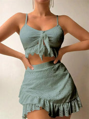 3 Piece Bikinis Set-Women Tie Up Ruffles Skirt High Waist Swimwear