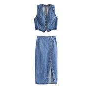 Women's 2 Pieces Sets Blue Denim Vest and Midi Skirt