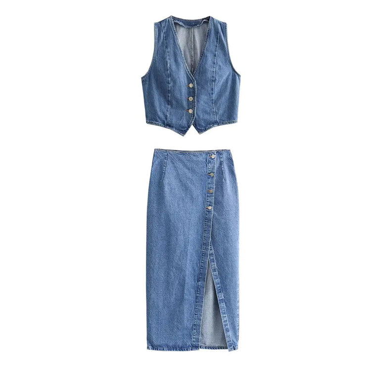 Women's 2 Pieces Sets Blue Denim Vest and Midi Skirt