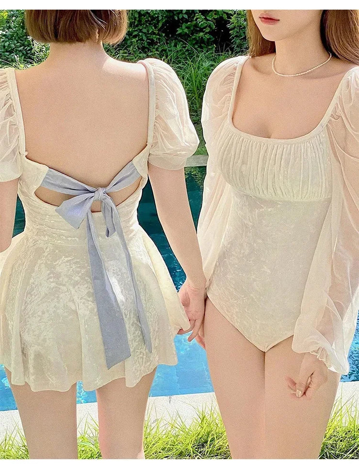 White One-Piece Velvet Backless Swimwear for Women