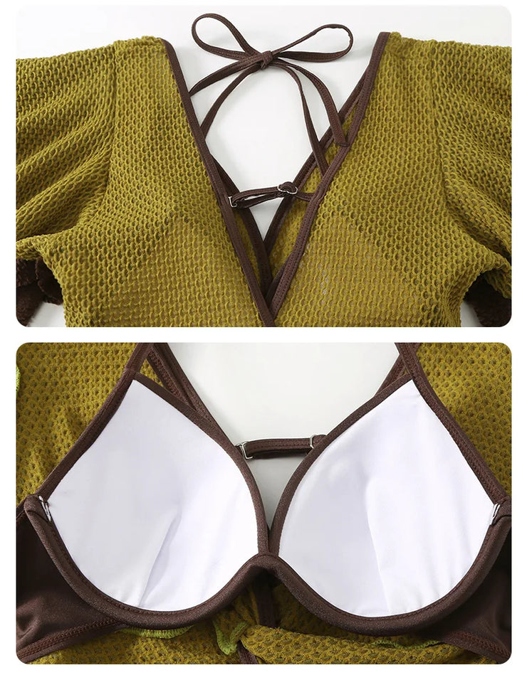 Olive Mocha Flutter-Knit Swimsuit Dress