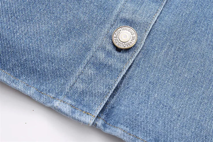 Crystal-Dew Embellished Cropped Denim Shirt