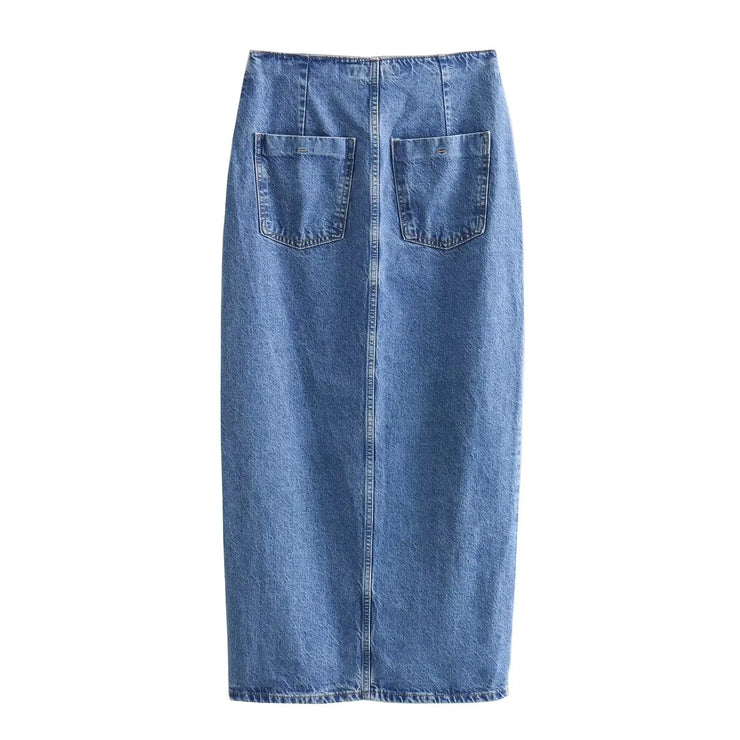 Women's 2 Pieces Sets Blue Denim Vest and Midi Skirt