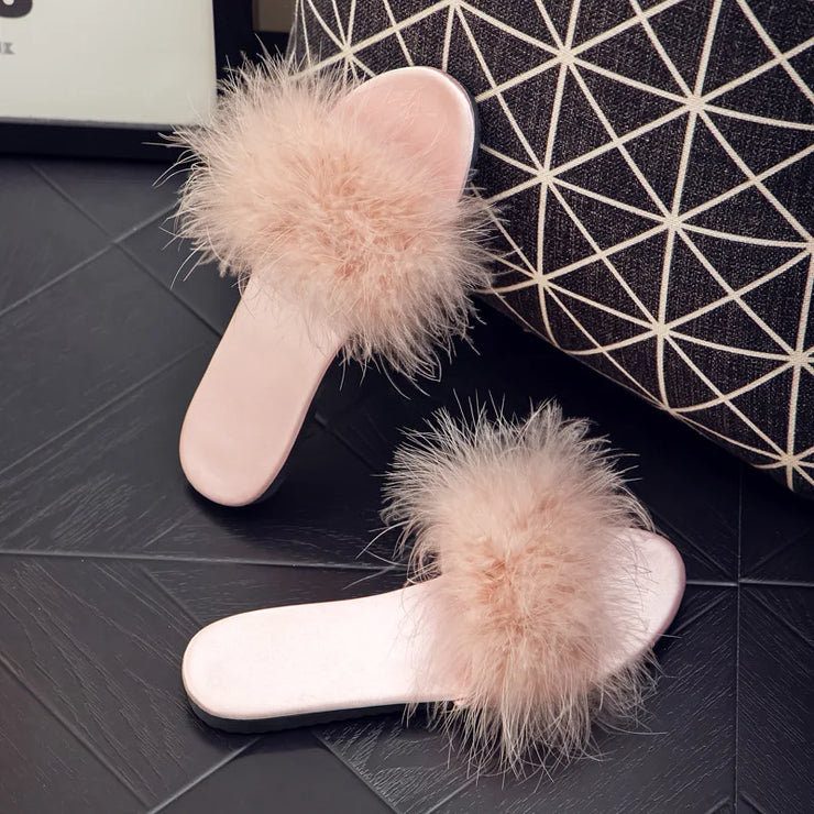 Ladies Flat Slippers with Fur