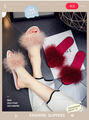 Ladies Flat Slippers with Fur